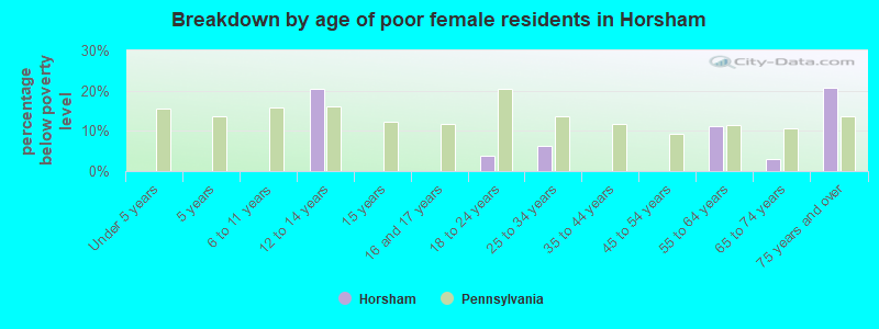 Breakdown by age of poor female residents in Horsham