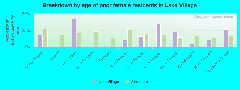 Breakdown by age of poor female residents in Lake Village