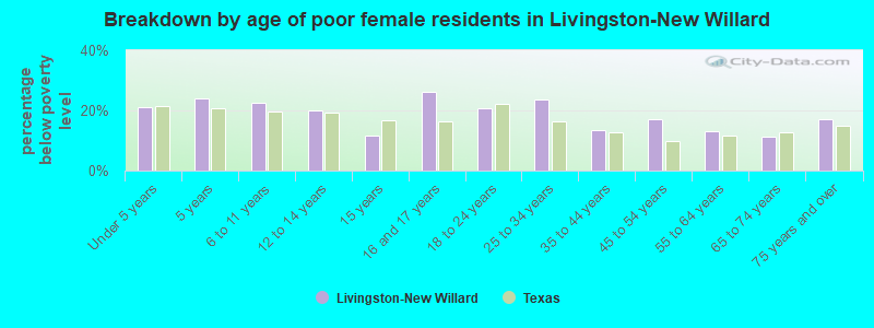 Breakdown by age of poor female residents in Livingston-New Willard