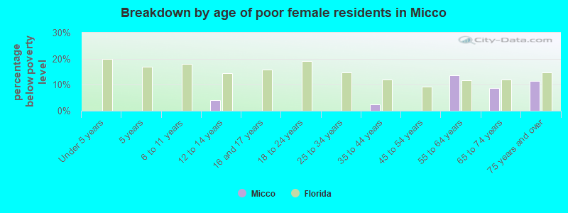Breakdown by age of poor female residents in Micco