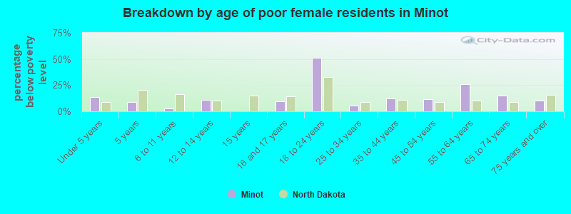 Breakdown by age of poor female residents in Minot