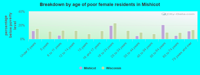 Breakdown by age of poor female residents in Mishicot