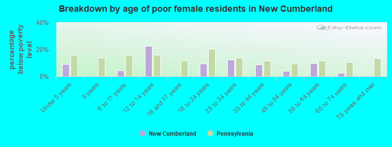 Breakdown by age of poor female residents in New Cumberland