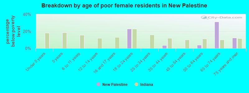 Breakdown by age of poor female residents in New Palestine