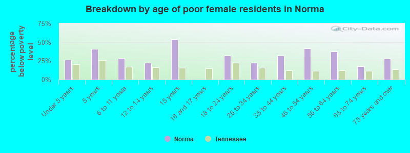 Breakdown by age of poor female residents in Norma