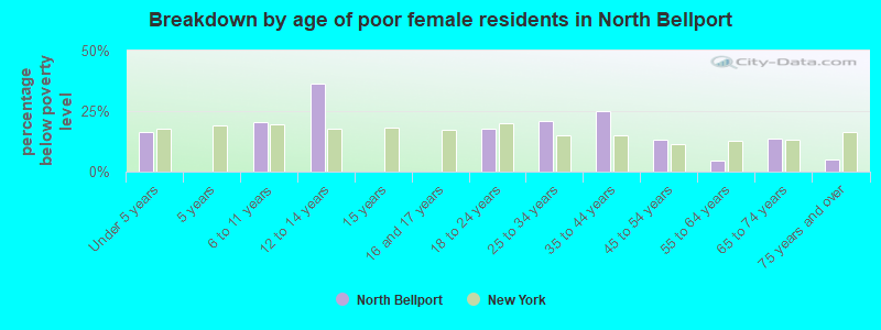 Breakdown by age of poor female residents in North Bellport