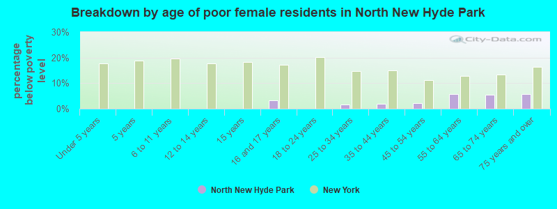 Breakdown by age of poor female residents in North New Hyde Park
