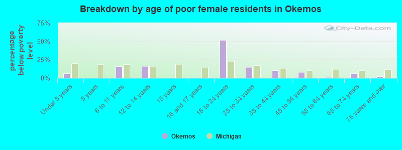 Breakdown by age of poor female residents in Okemos