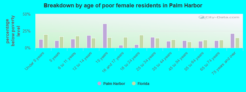 Breakdown by age of poor female residents in Palm Harbor