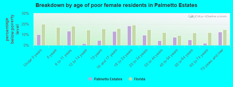 Breakdown by age of poor female residents in Palmetto Estates