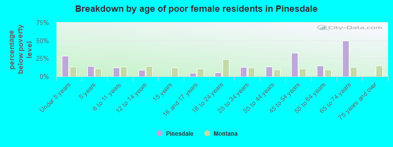 Breakdown by age of poor female residents in Pinesdale