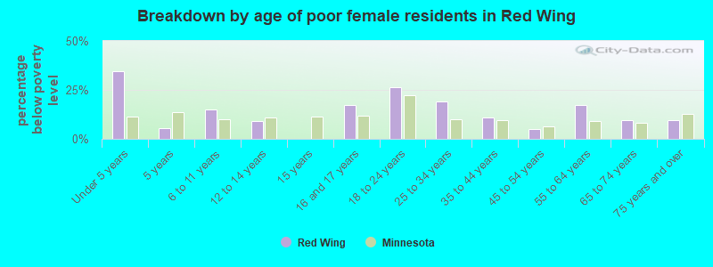 Breakdown by age of poor female residents in Red Wing