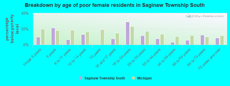 Breakdown by age of poor female residents in Saginaw Township South