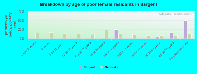 Breakdown by age of poor female residents in Sargent