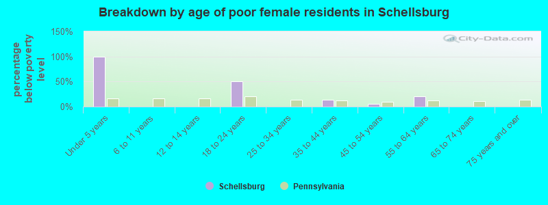 Breakdown by age of poor female residents in Schellsburg