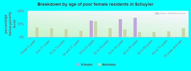 Breakdown by age of poor female residents in Schuyler