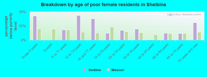 Breakdown by age of poor female residents in Shelbina