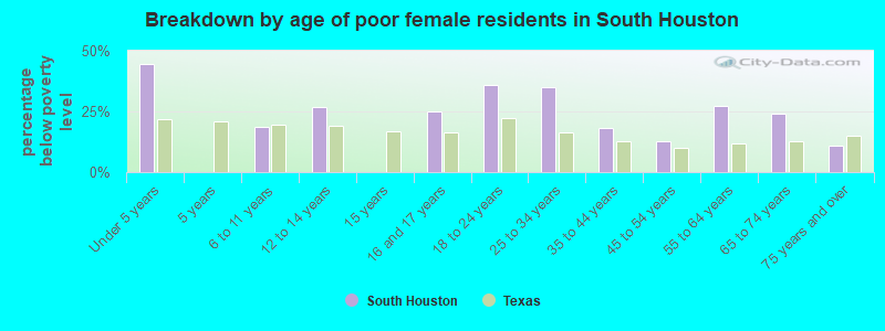 Breakdown by age of poor female residents in South Houston