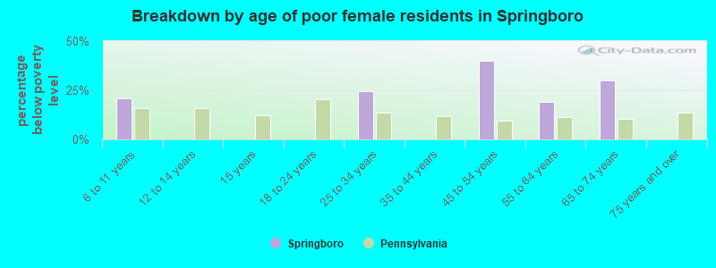 Breakdown by age of poor female residents in Springboro