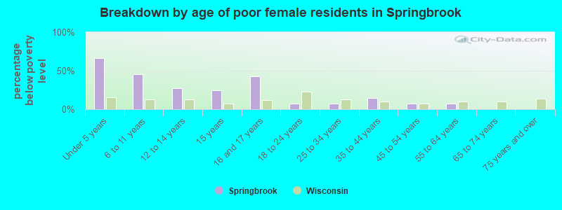 Breakdown by age of poor female residents in Springbrook