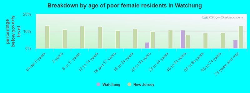 Breakdown by age of poor female residents in Watchung