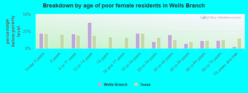 Breakdown by age of poor female residents in Wells Branch