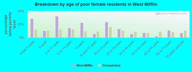 Breakdown by age of poor female residents in West Mifflin