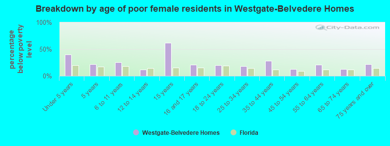 Breakdown by age of poor female residents in Westgate-Belvedere Homes