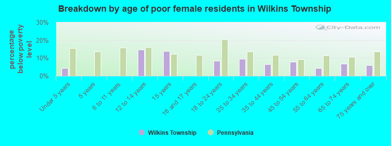 Breakdown by age of poor female residents in Wilkins Township