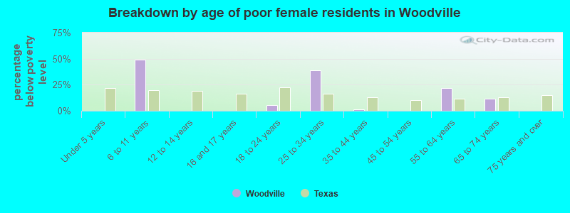 Breakdown by age of poor female residents in Woodville