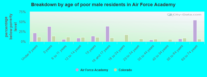 Breakdown by age of poor male residents in Air Force Academy