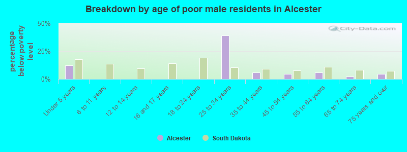 Breakdown by age of poor male residents in Alcester