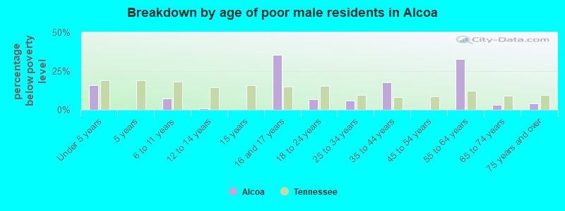 Breakdown by age of poor male residents in Alcoa