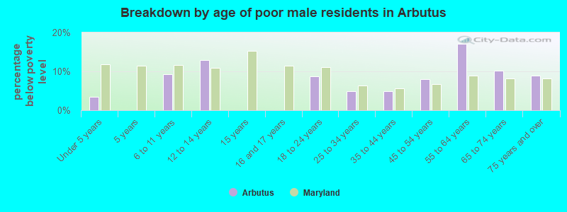Breakdown by age of poor male residents in Arbutus