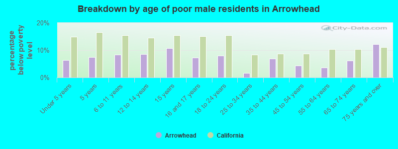 Breakdown by age of poor male residents in Arrowhead