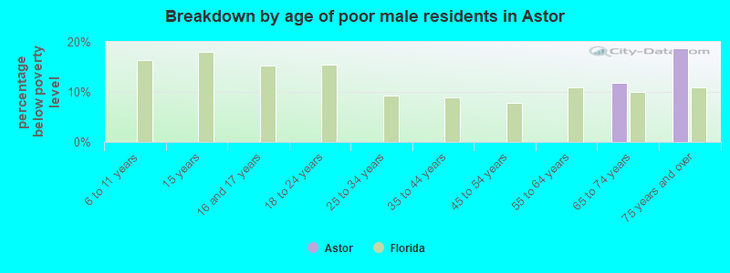Breakdown by age of poor male residents in Astor