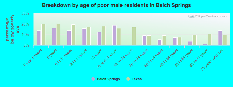 Breakdown by age of poor male residents in Balch Springs