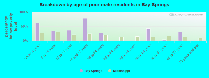 Breakdown by age of poor male residents in Bay Springs