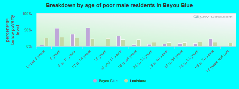 Breakdown by age of poor male residents in Bayou Blue
