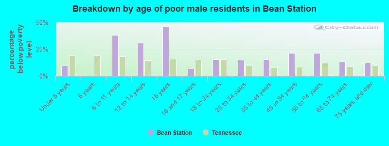 Breakdown by age of poor male residents in Bean Station