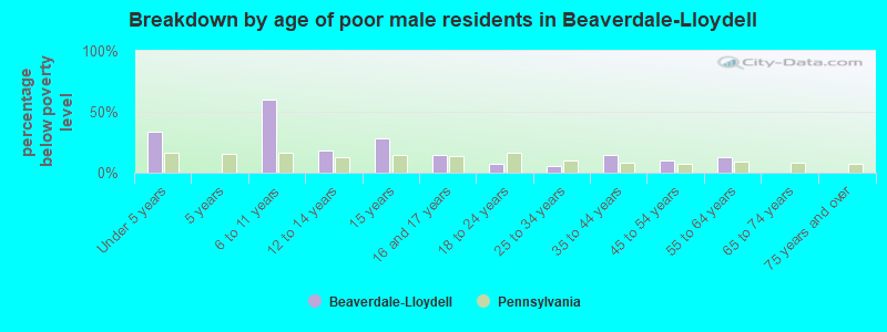 Breakdown by age of poor male residents in Beaverdale-Lloydell