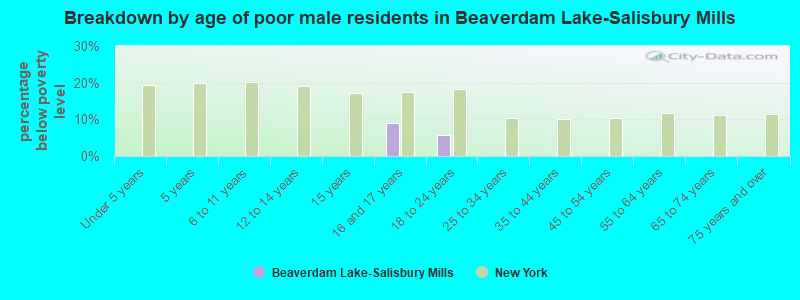 Breakdown by age of poor male residents in Beaverdam Lake-Salisbury Mills