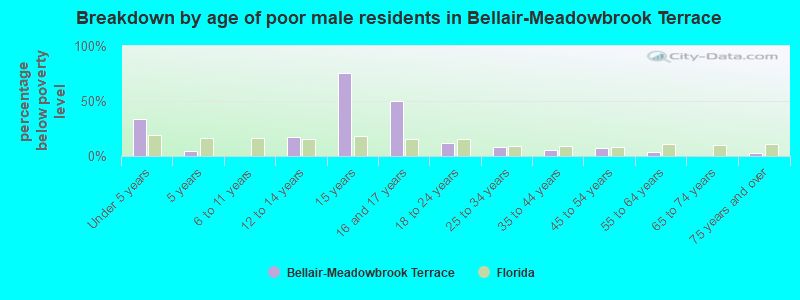 Breakdown by age of poor male residents in Bellair-Meadowbrook Terrace