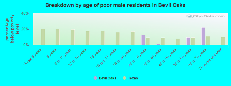 Breakdown by age of poor male residents in Bevil Oaks