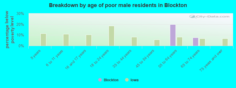 Breakdown by age of poor male residents in Blockton