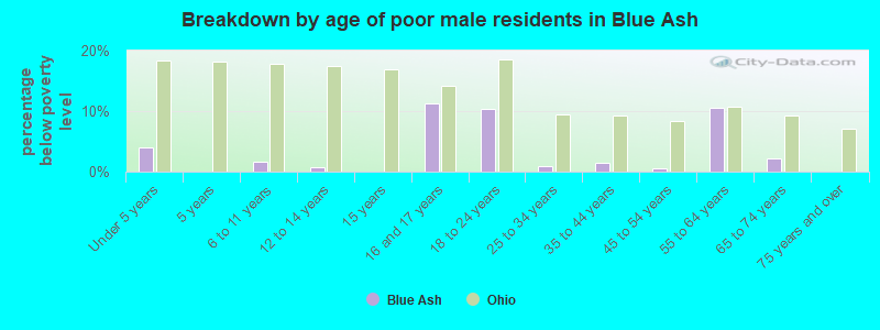 Breakdown by age of poor male residents in Blue Ash