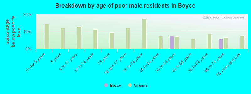 Breakdown by age of poor male residents in Boyce