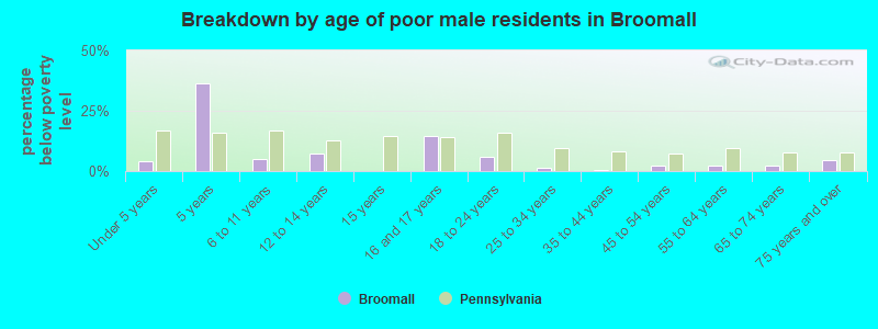 Breakdown by age of poor male residents in Broomall
