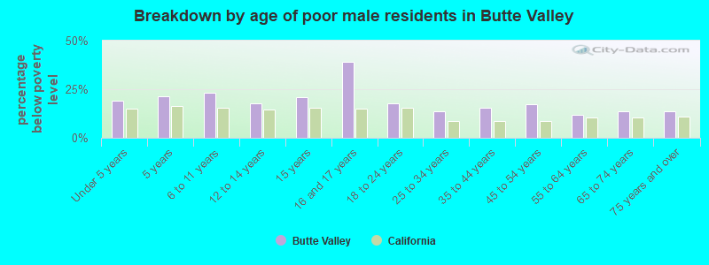 Breakdown by age of poor male residents in Butte Valley