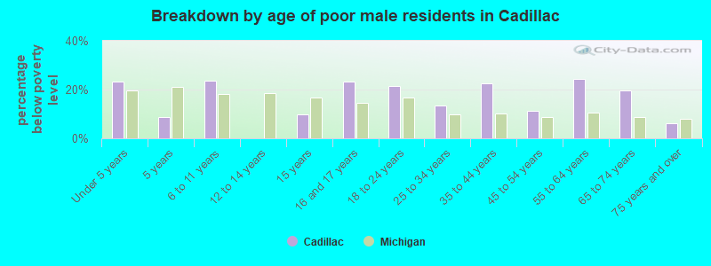 Breakdown by age of poor male residents in Cadillac